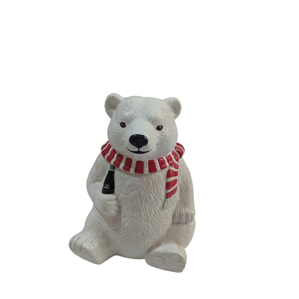 Vintage 1994 Coca-Cola Polar Bear Ceramic Cookie Jar with Red Scarf 10.5 Inch